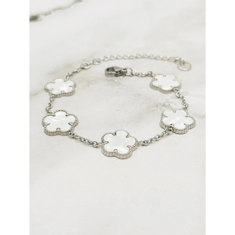 Bracelet en acier inoxydable ajustable 5 Trèfles 5 feuilles blanc Bracelet en acier inoxydable ajustable 5 Trèfles 5 feuilles blanc