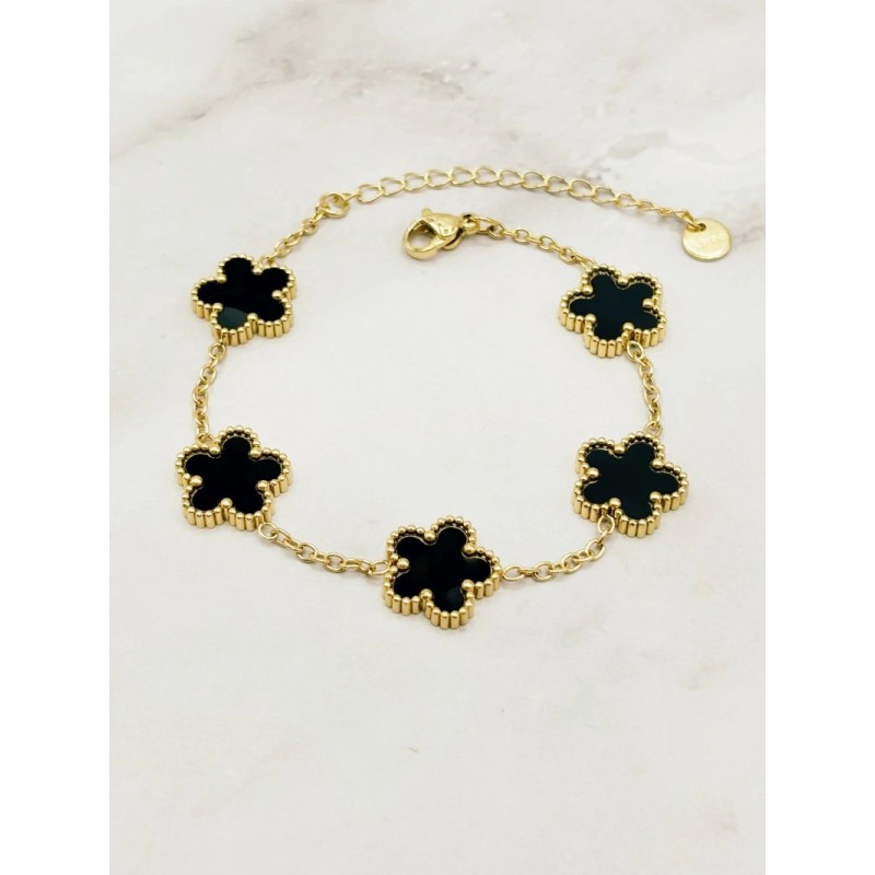 Bracelet en acier inoxydable ajustable 5 Trèfles 5 feuilles noir Bracelet en acier inoxydable ajustable 5 Trèfles 5 feuilles noir