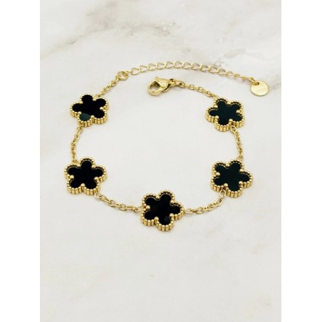 Bracelet en acier inoxydable ajustable 5 Trèfles 5 feuilles noir