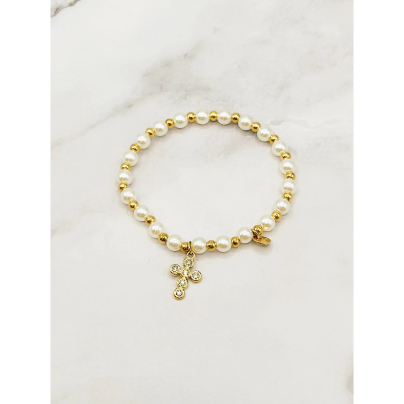 Bracelet en acier inoxydable élastique perles Croix Bracelet en acier inoxydable élastique perles Croix